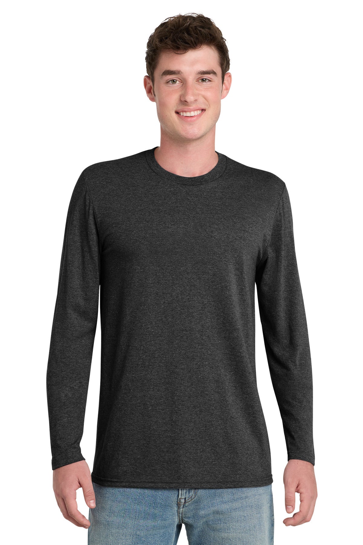 Front View of BlkHthr Port & Co Tri-Blend Long Sleeve Tee. PC330LS plain