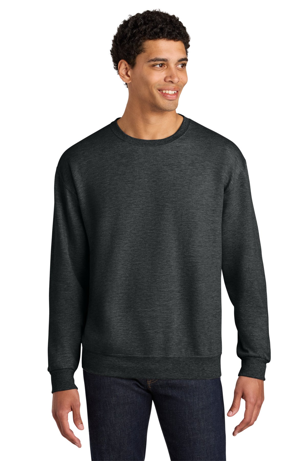 Front View of BlkInkHtr Jerzees Ultimate Unisex CVC Ring Spun Crewneck Sweatshirt IC48M plain