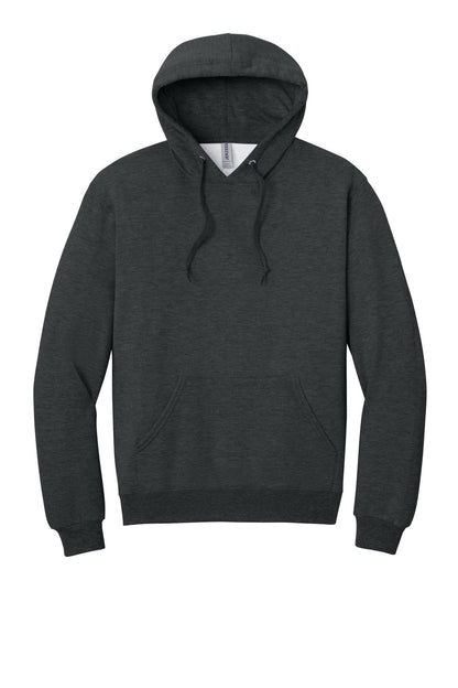 Front View of BlkInkHtr Jerzees Ultimate Unisex CVC Ring Spun Hooded Sweatshirt IC49M plain