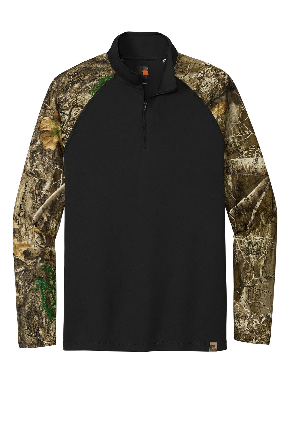 Front View of Blk/RTEdge Russell Outdoors Realtree Colorblock Performance 1/4-Zip RU152 plain