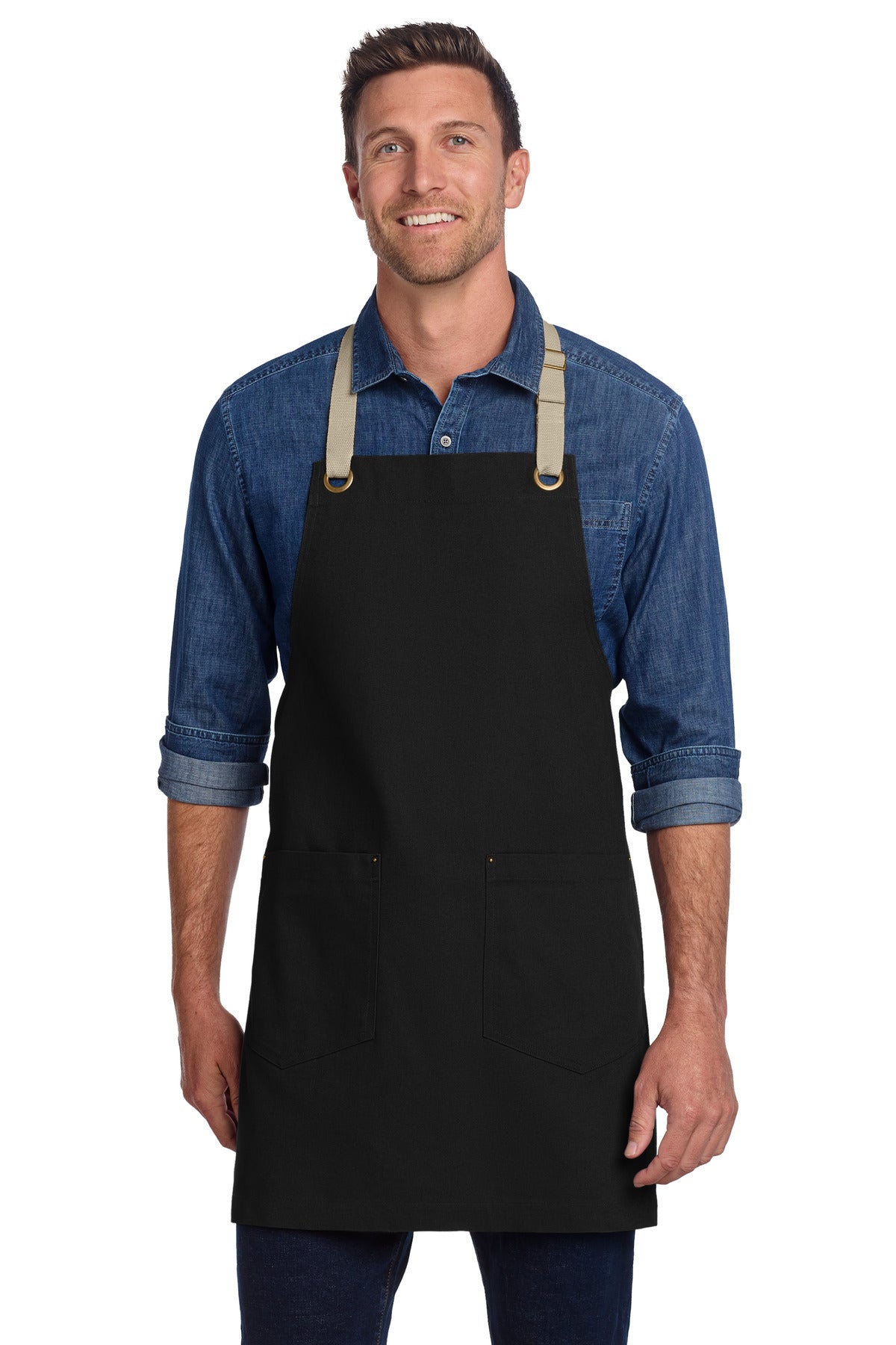 Front View of Blk/Stone Port Authority Canvas Full-Length Two-Pocket Apron A815 plain