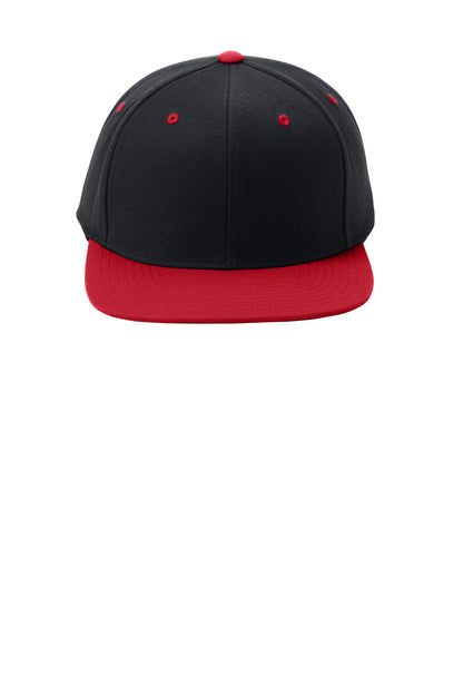 Front View of Blk/True Red Sport-Tek YP Classics Flat Bill Snapback Cap. STC19 plain