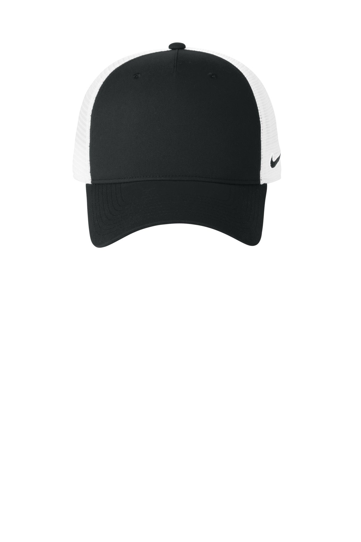 Front View of Blk/White Nike Snapback Mesh Trucker Cap NKFN9893 plain