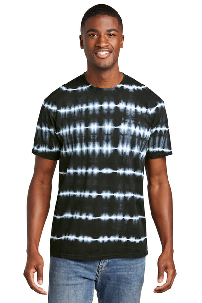 Front View of Blk/White Port & Co Allover Stripe Tie-Dye Tee PC142 plain