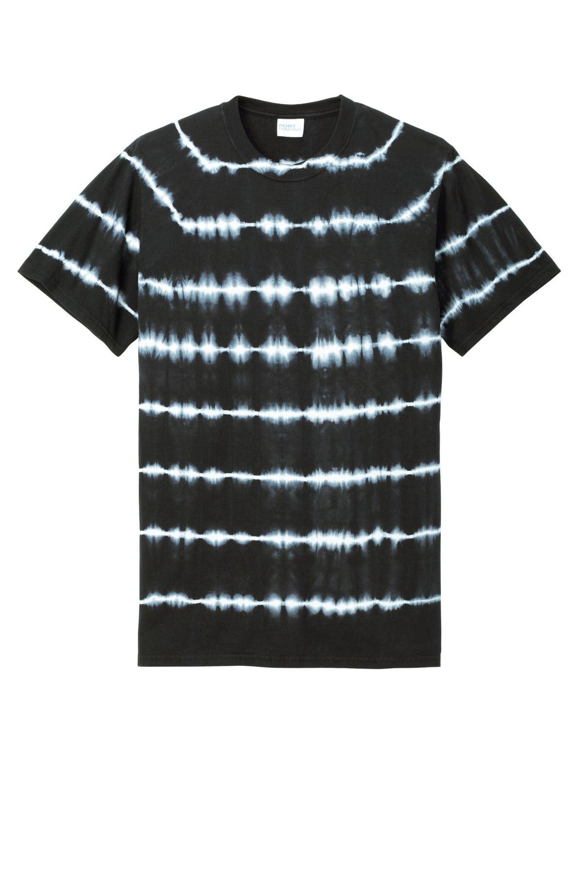 Front View of Blk/White Port & Co Allover Stripe Tie-Dye Tee PC142 plain