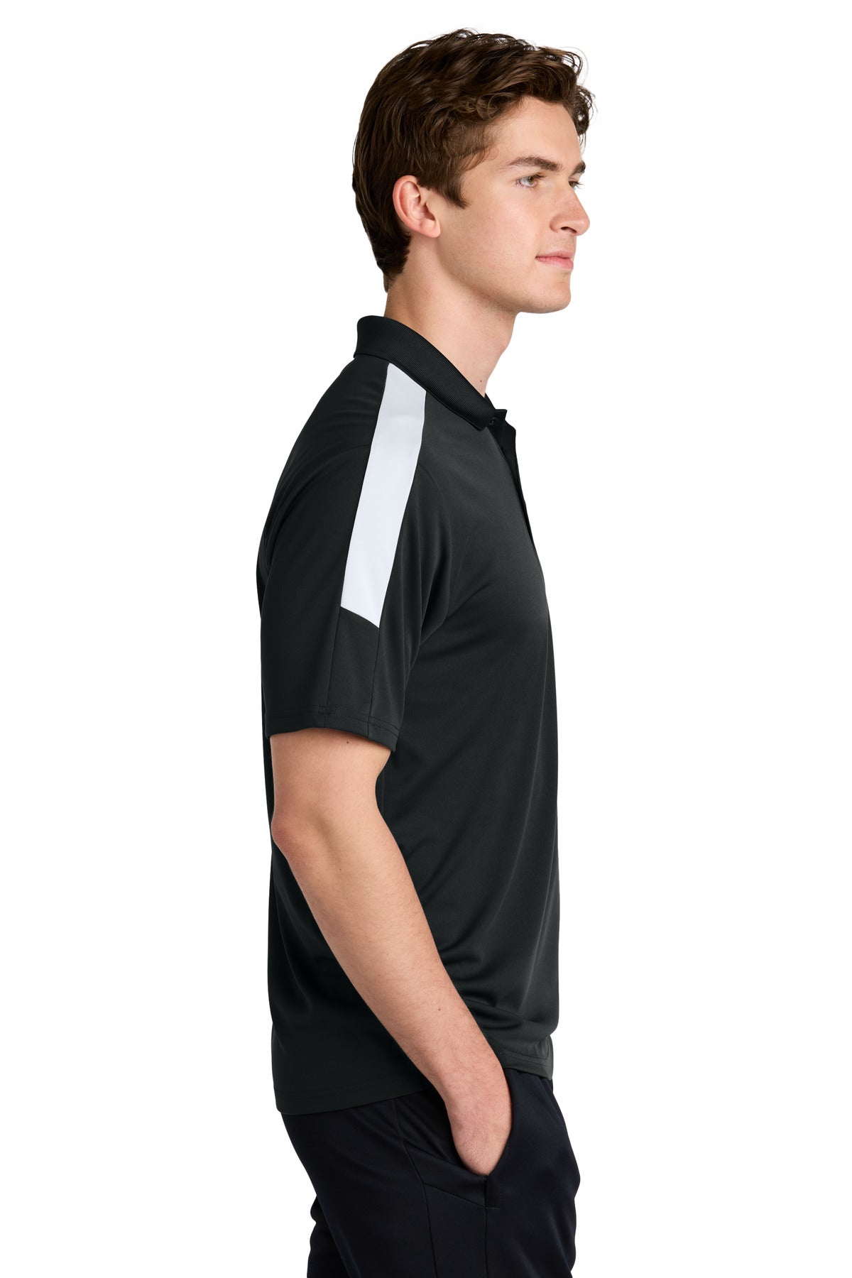 Front View of Blk/White Sport-Tek Competitor United Polo ST104 plain