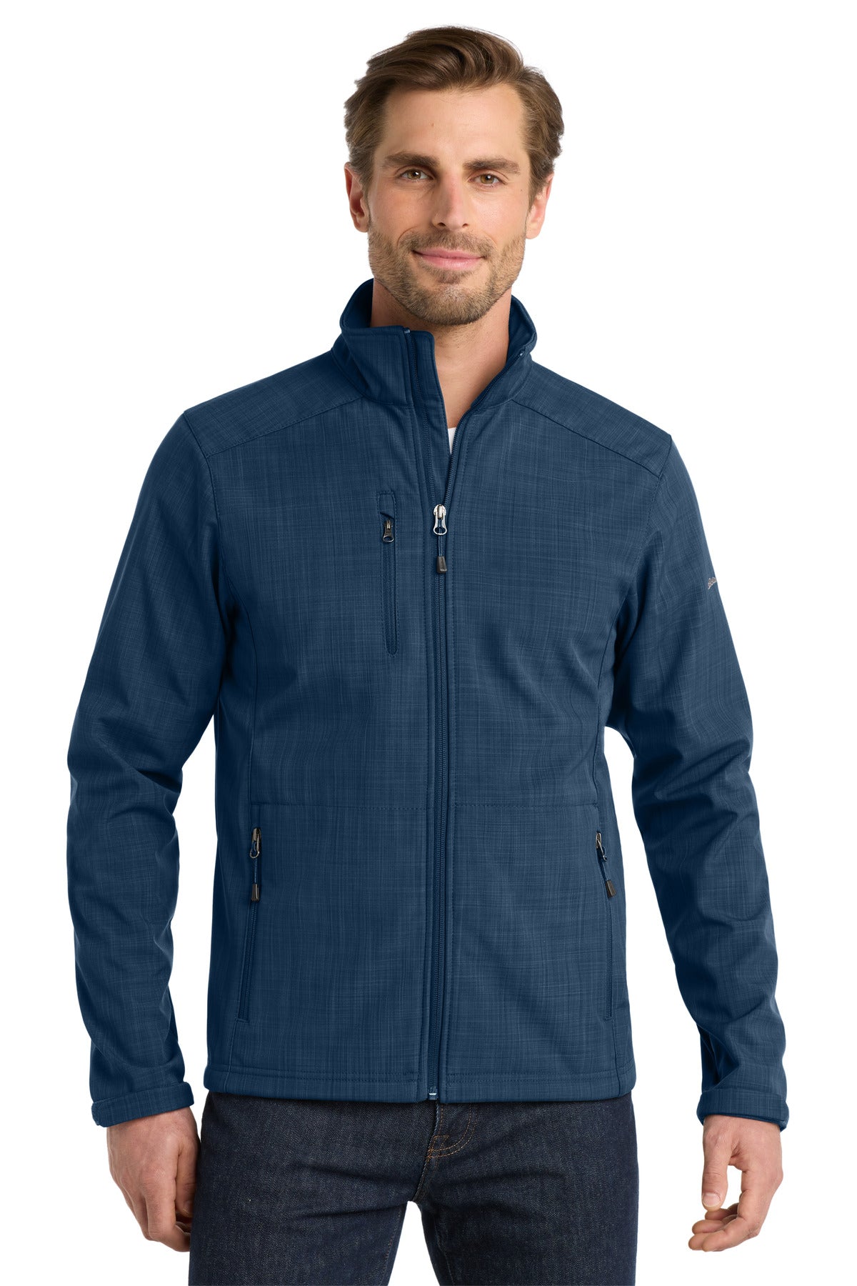 Front View of Blue Eddie Bauer Shaded Crosshatch Soft Shell Jacket. EB532 plain