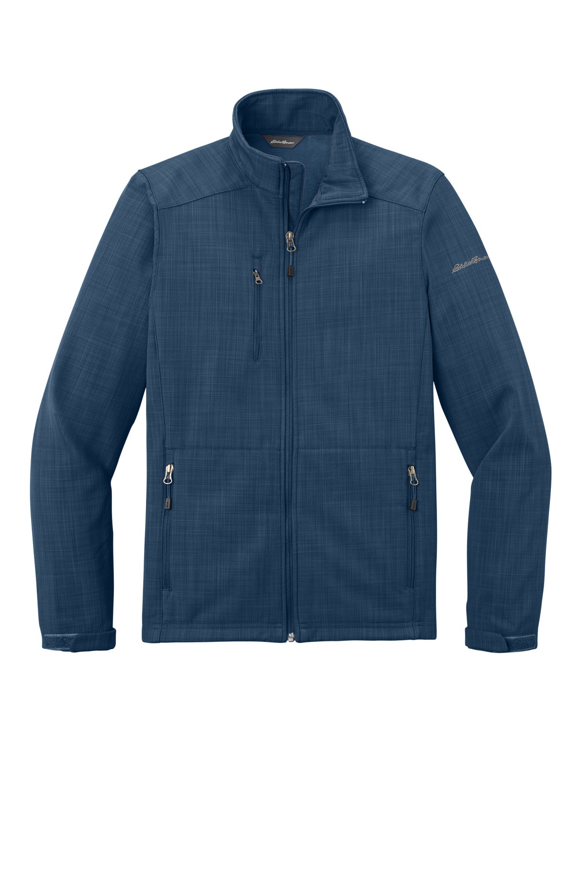 Front View of Blue Eddie Bauer Shaded Crosshatch Soft Shell Jacket. EB532 plain