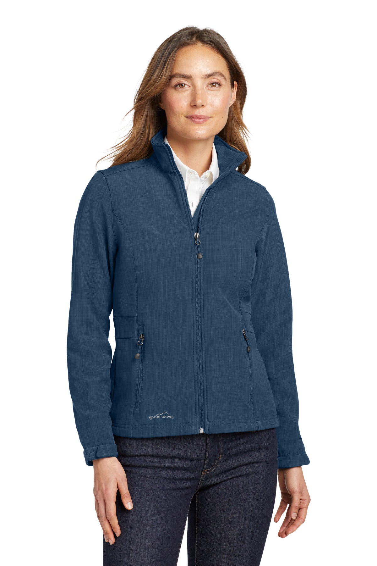 Front View of Blue Eddie Bauer Women's Shaded Crosshatch Soft Shell Jacket. EB533 plain