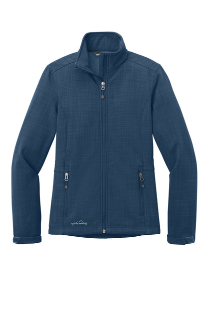 Front View of Blue Eddie Bauer Women's Shaded Crosshatch Soft Shell Jacket. EB533 plain