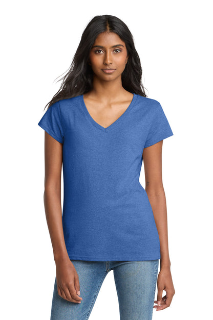 Front View of Blue Heather District Women's Re-Tee V-Neck DT8001 plain