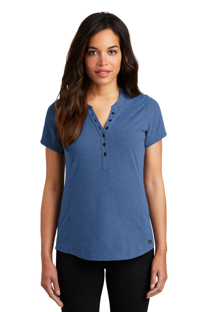 Front View of Blue Hthr OGIO Women's Tread Henley. LOG136 plain