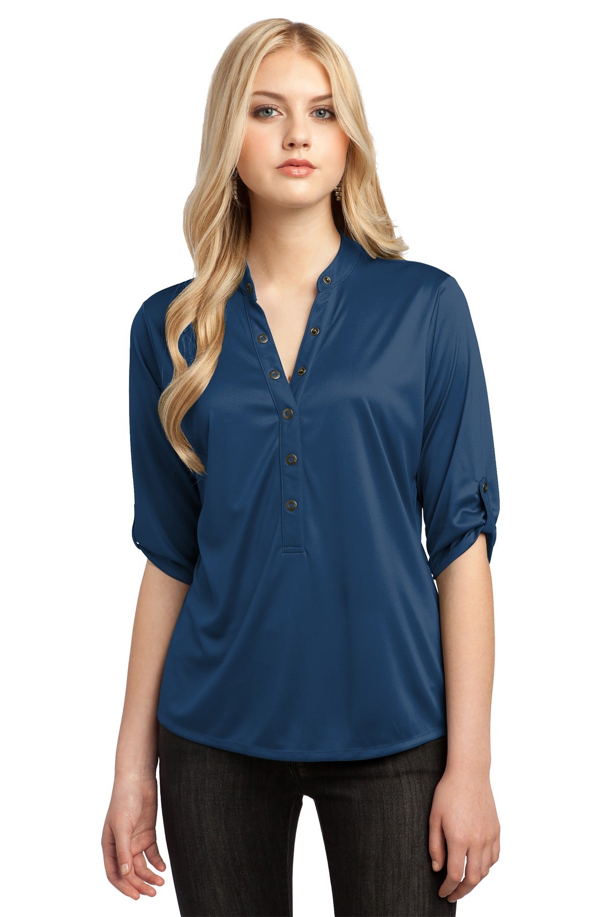 Front View of Blue Indigo OGIO - Crush Henley. LOG111 plain