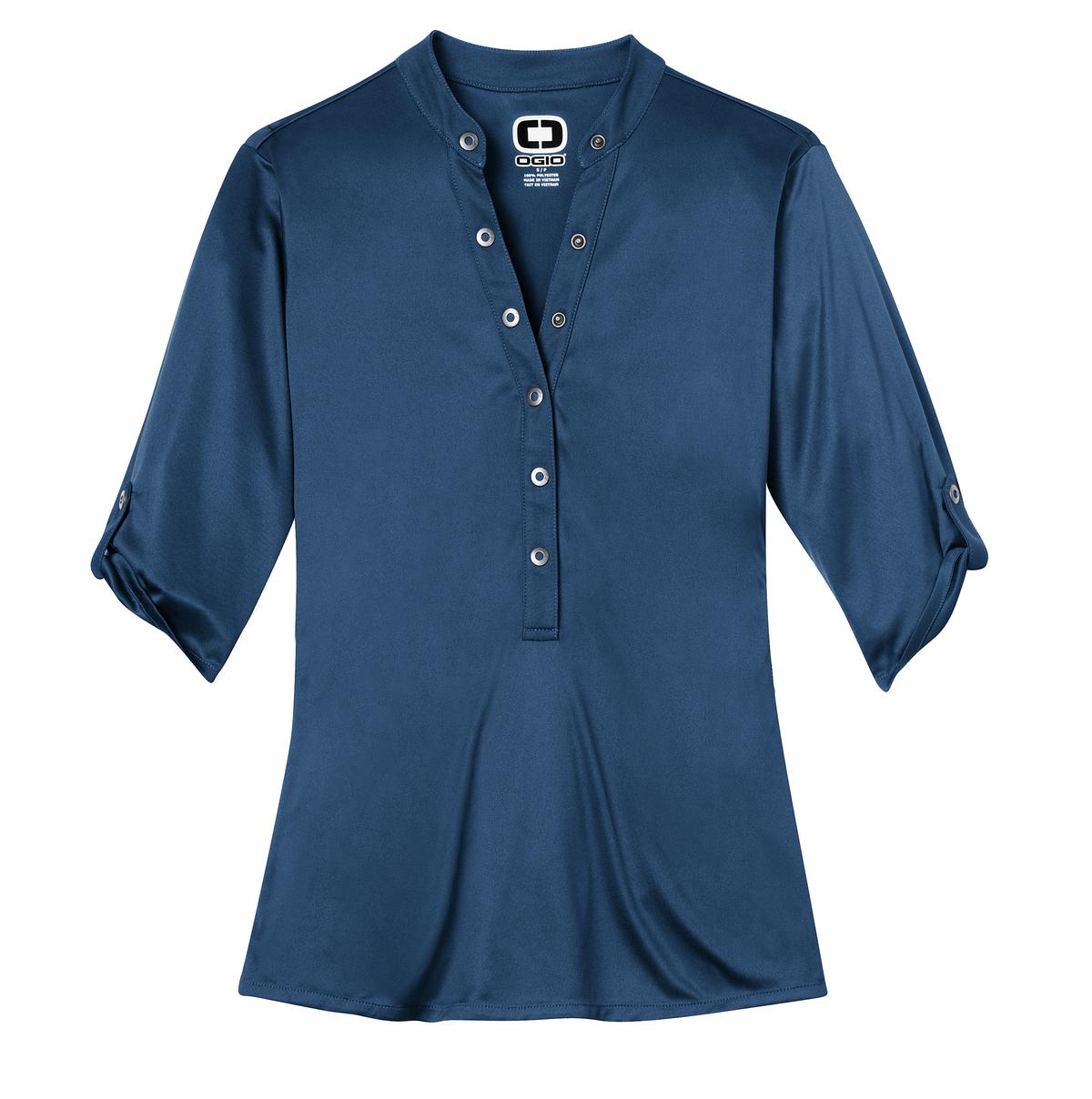 Front View of Blue Indigo OGIO - Crush Henley. LOG111 plain