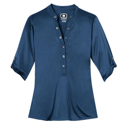 Front View of Blue Indigo OGIO - Crush Henley. LOG111 plain