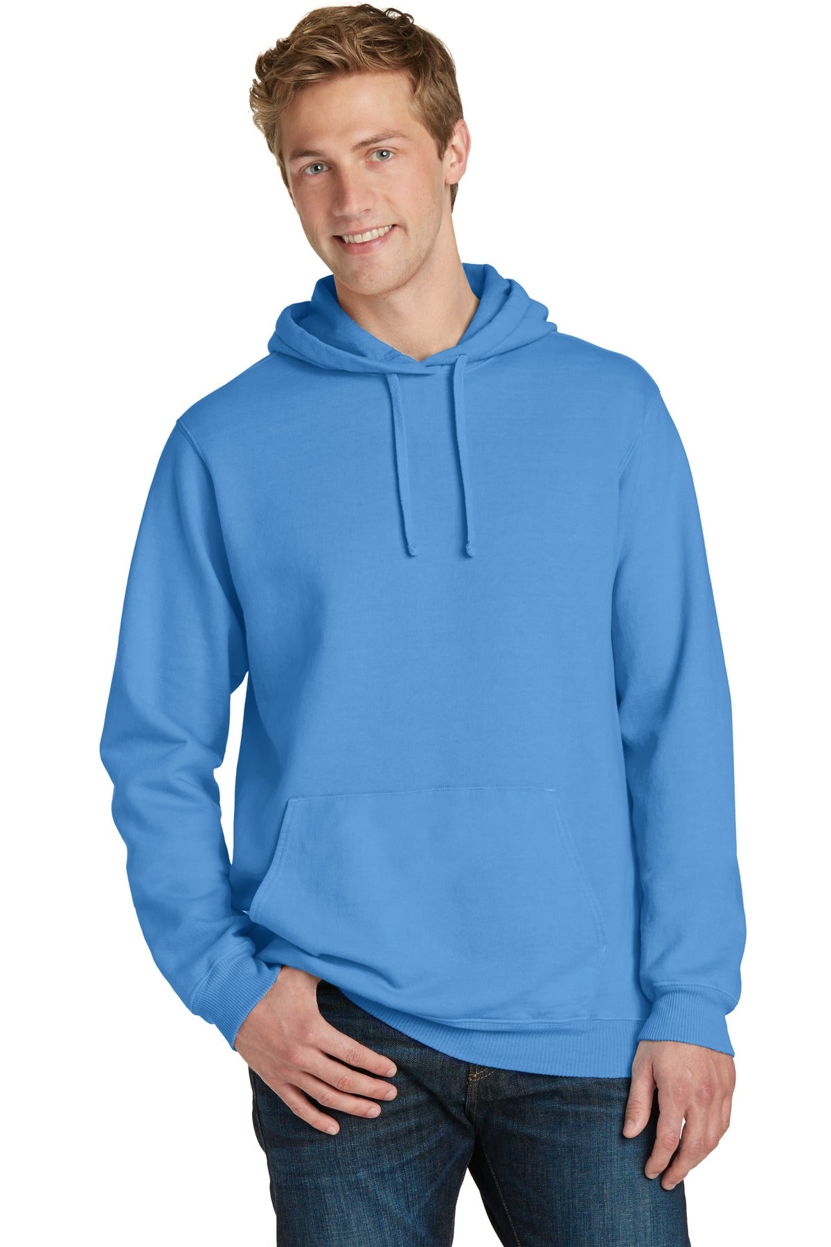 Front View of Blue Moon Port & Co Beach Wash Garment-Dyed Pullover Hooded Sweatshirt. PC098H plain