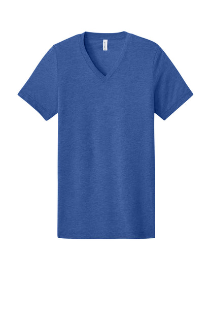 Front View of Blue TB BELLA+CANVAS Unisex Triblend Short Sleeve V-Neck Te. BC3415 plain