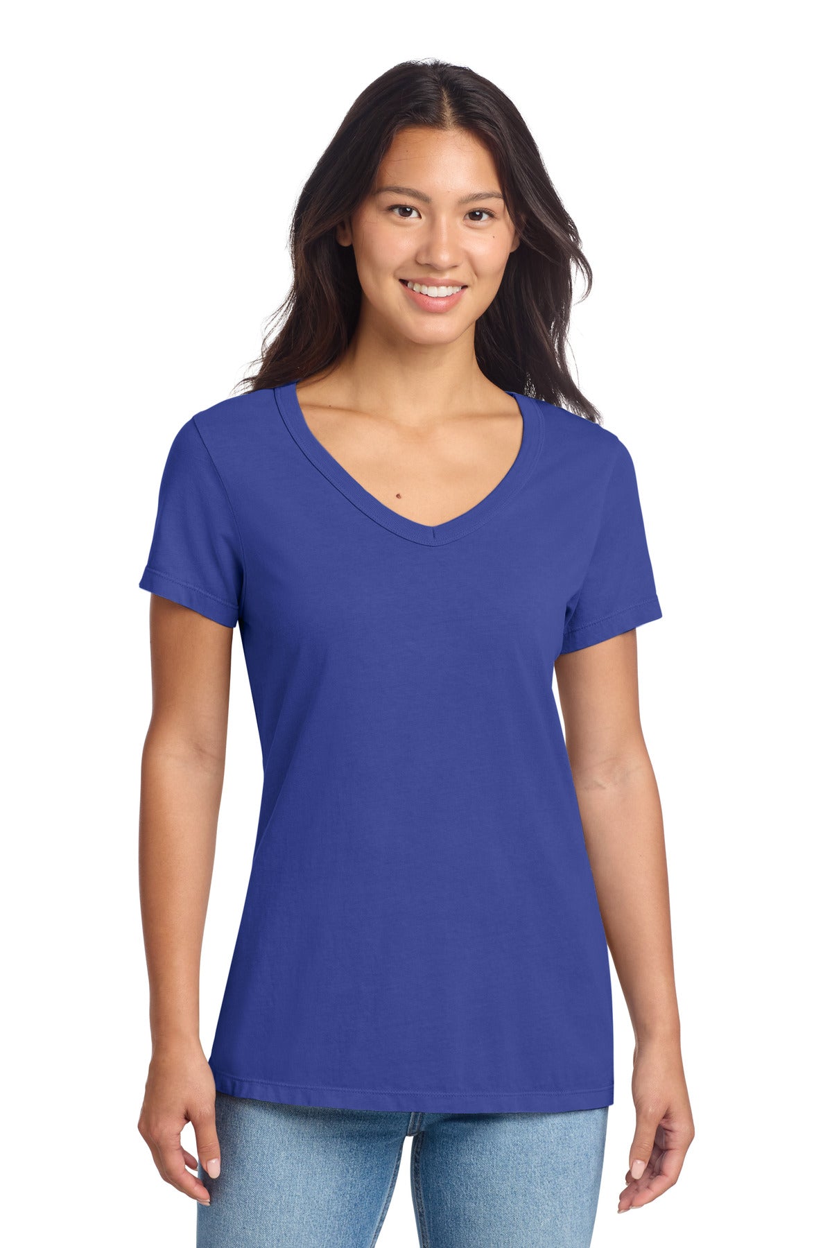 Front View of BlueIris Port & Co Women's Beach Wash Garment-Dyed V-Neck Tee LPC099V plain
