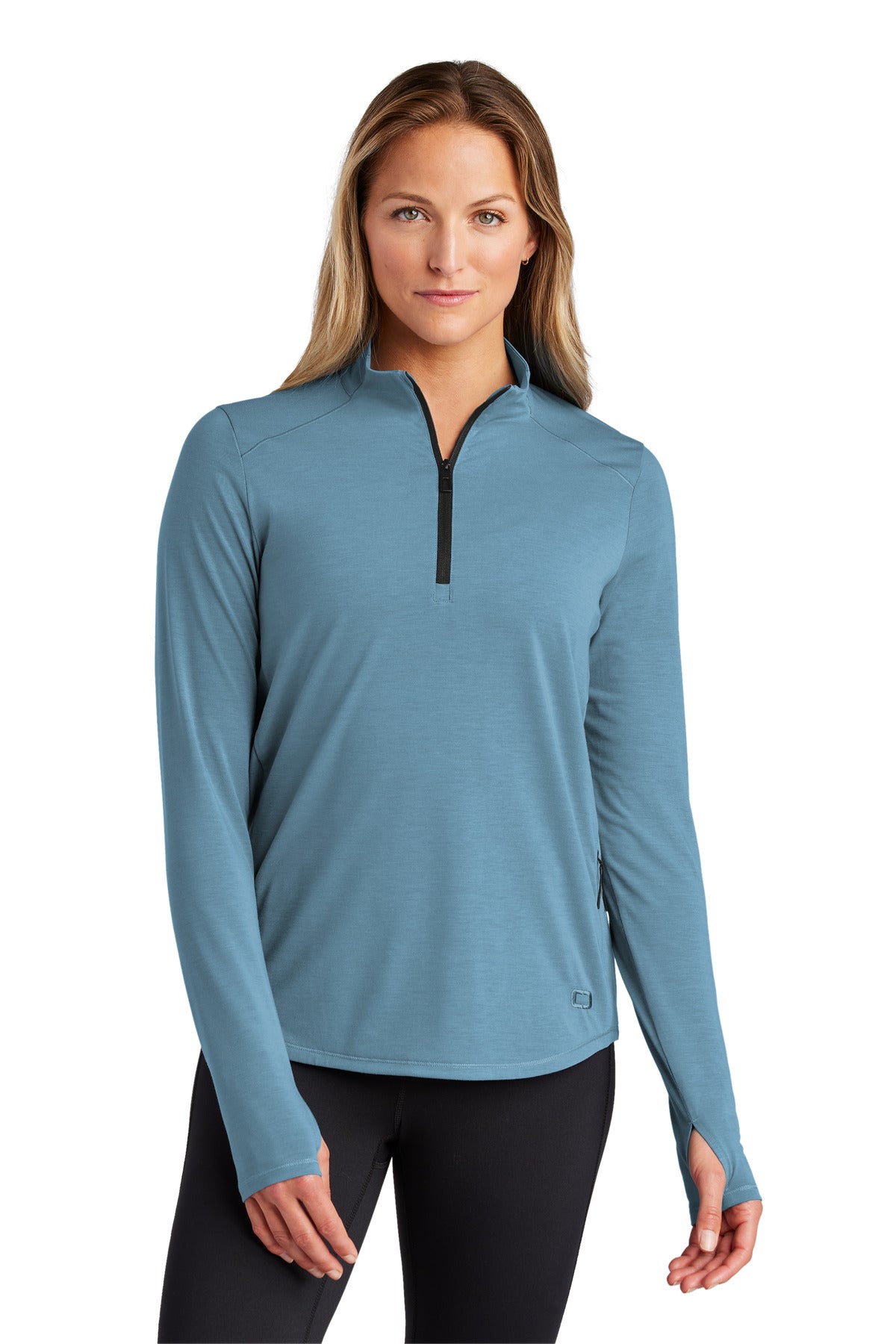 Front View of BlueMist OGIO Women's Motion 1/4-Zip LOG153 plain