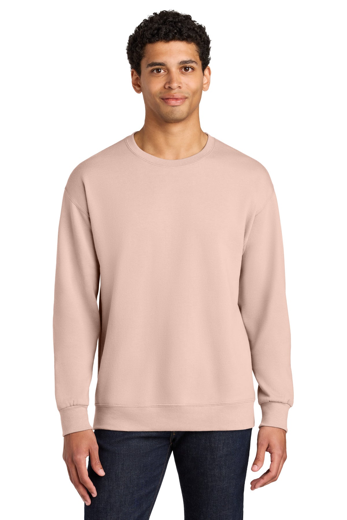 Front View of BlushPink Jerzees Ultimate Unisex CVC Ring Spun Crewneck Sweatshirt IC48M plain