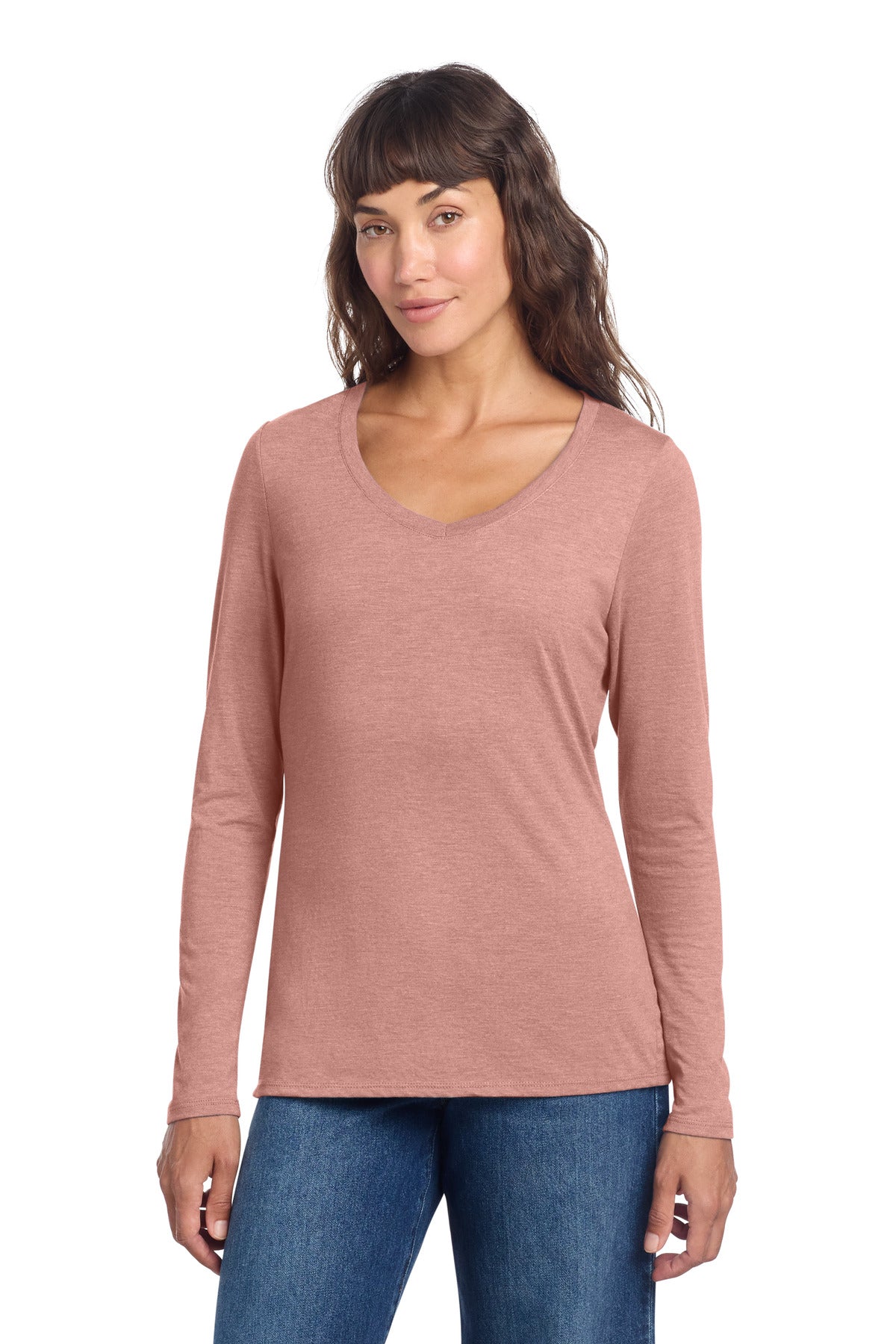Front View of BlustFrost District Women's Perfect Tri Long Sleeve V-Neck Tee DT135 plain