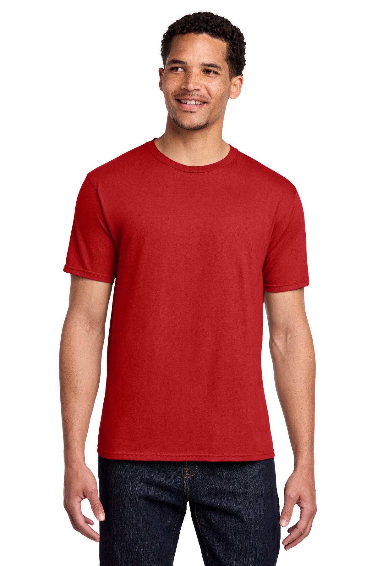 Front View of Bright Red Port & Co Fan Favorite Tee. PC450 plain