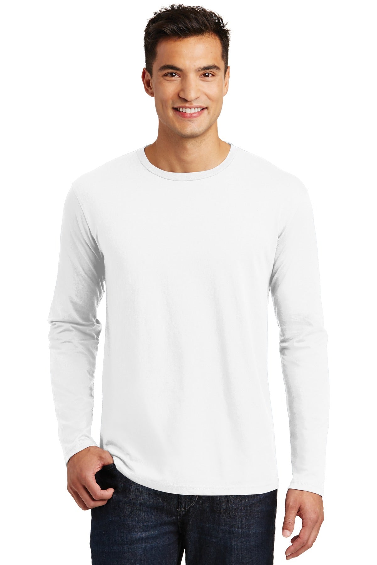 Front View of Bright White District Perfect Weight Long Sleeve Tee. DT105 plain