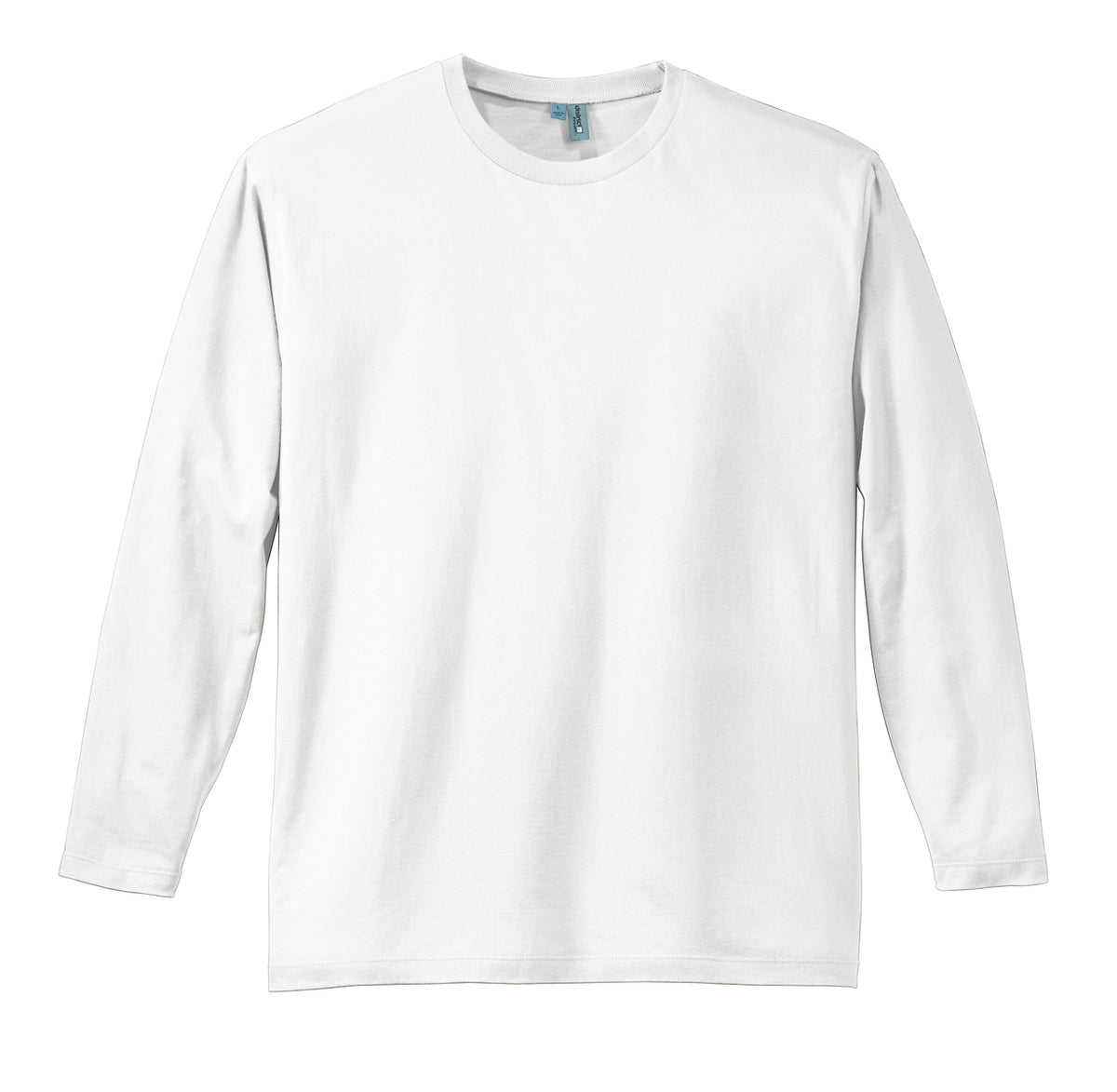 Front View of Bright White District Perfect Weight Long Sleeve Tee. DT105 plain