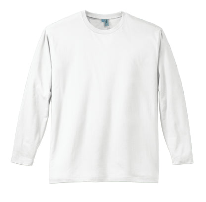 Front View of Bright White District Perfect Weight Long Sleeve Tee. DT105 plain