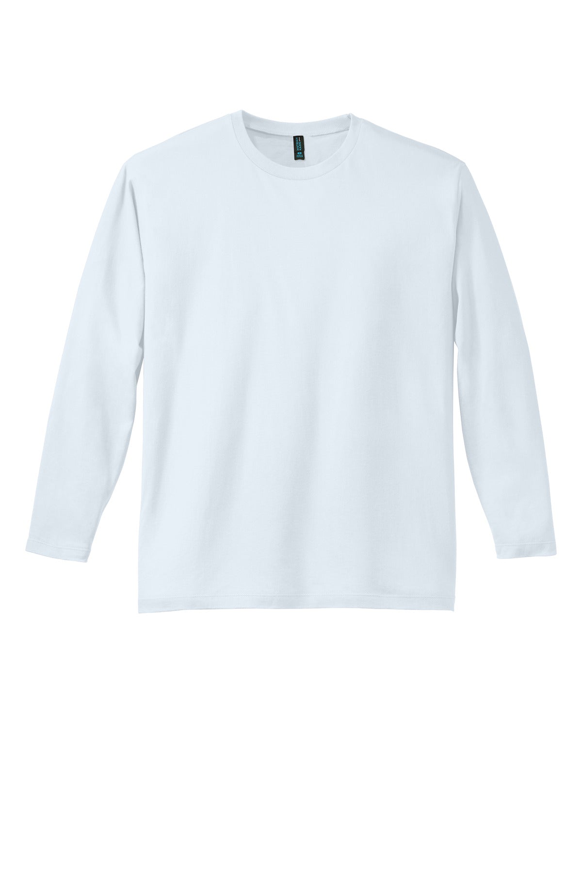 Front View of Bright White District Perfect Weight Long Sleeve Tee. DT105 plain