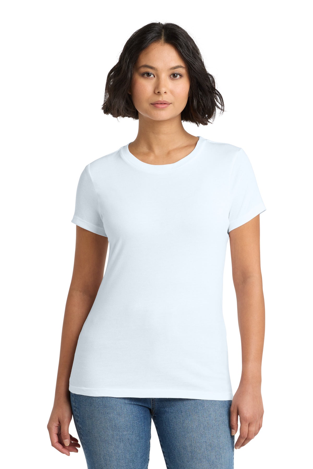 Front View of Bright White District Women's Perfect Weight Tee. DM104L plain