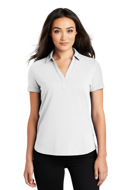 Front View of Bright White OGIO Women's Limit Polo. LOG138 plain