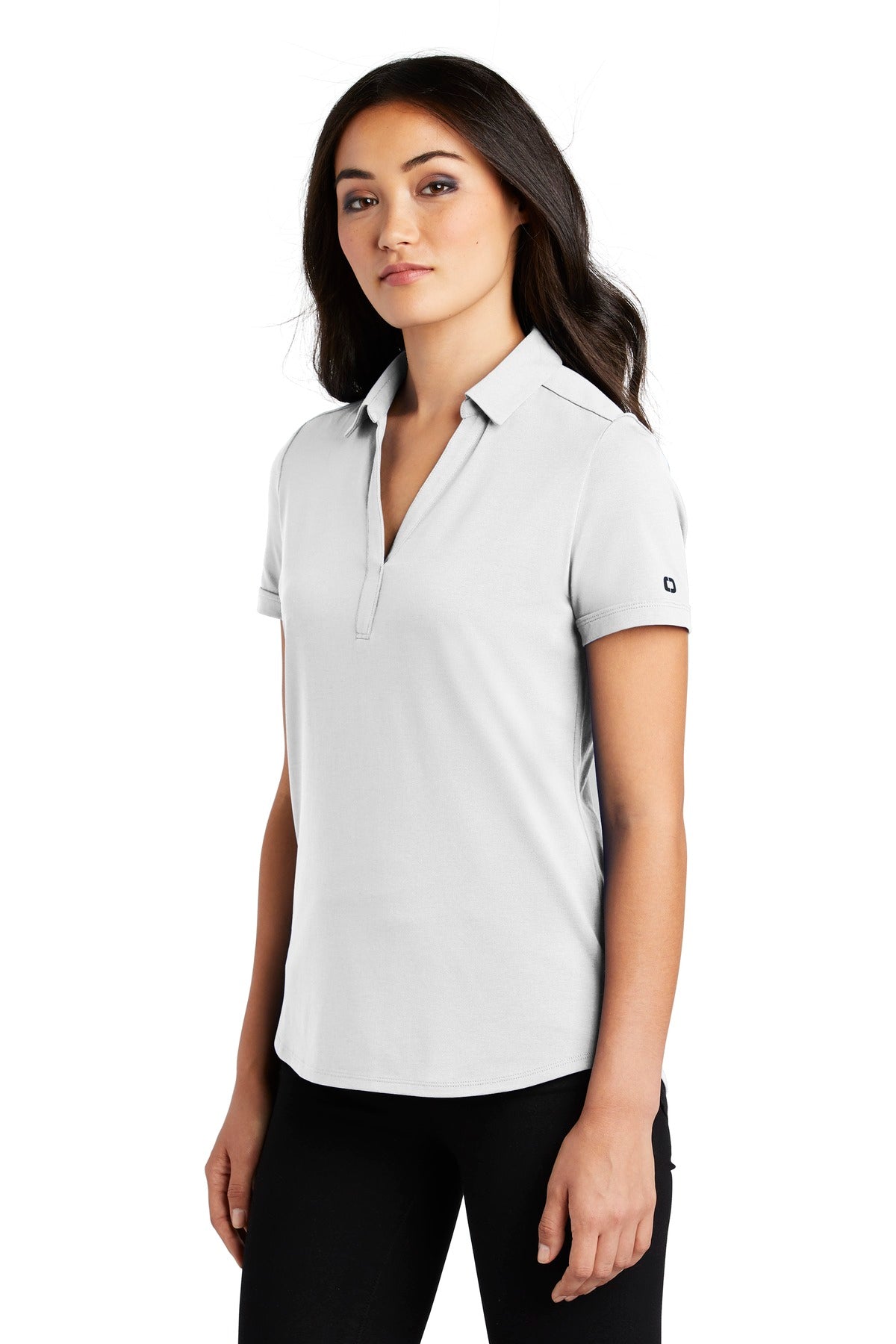 Front View of Bright White OGIO Women's Limit Polo. LOG138 plain