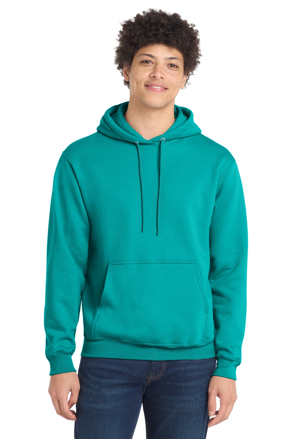 Front View of BrightAqua Port & Co Core Fleece Pullover Hooded Sweatshirt. PC78H plain
