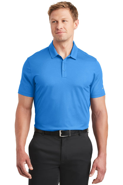 Front View of Brisk Blue Nike Dri-FIT Embossed Tri-Blade Polo. 838964 plain