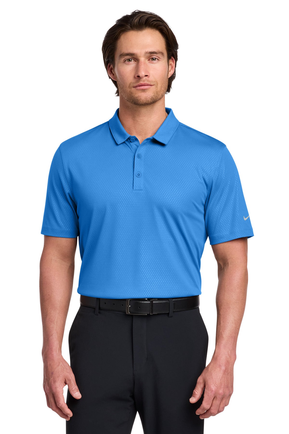 Front View of Brisk Blue Nike Dri-FIT Embossed Tri-Blade Polo. 838964 plain