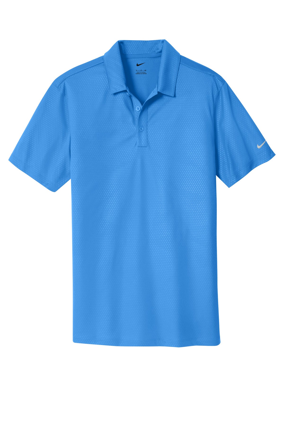 Front View of Brisk Blue Nike Dri-FIT Embossed Tri-Blade Polo. 838964 plain