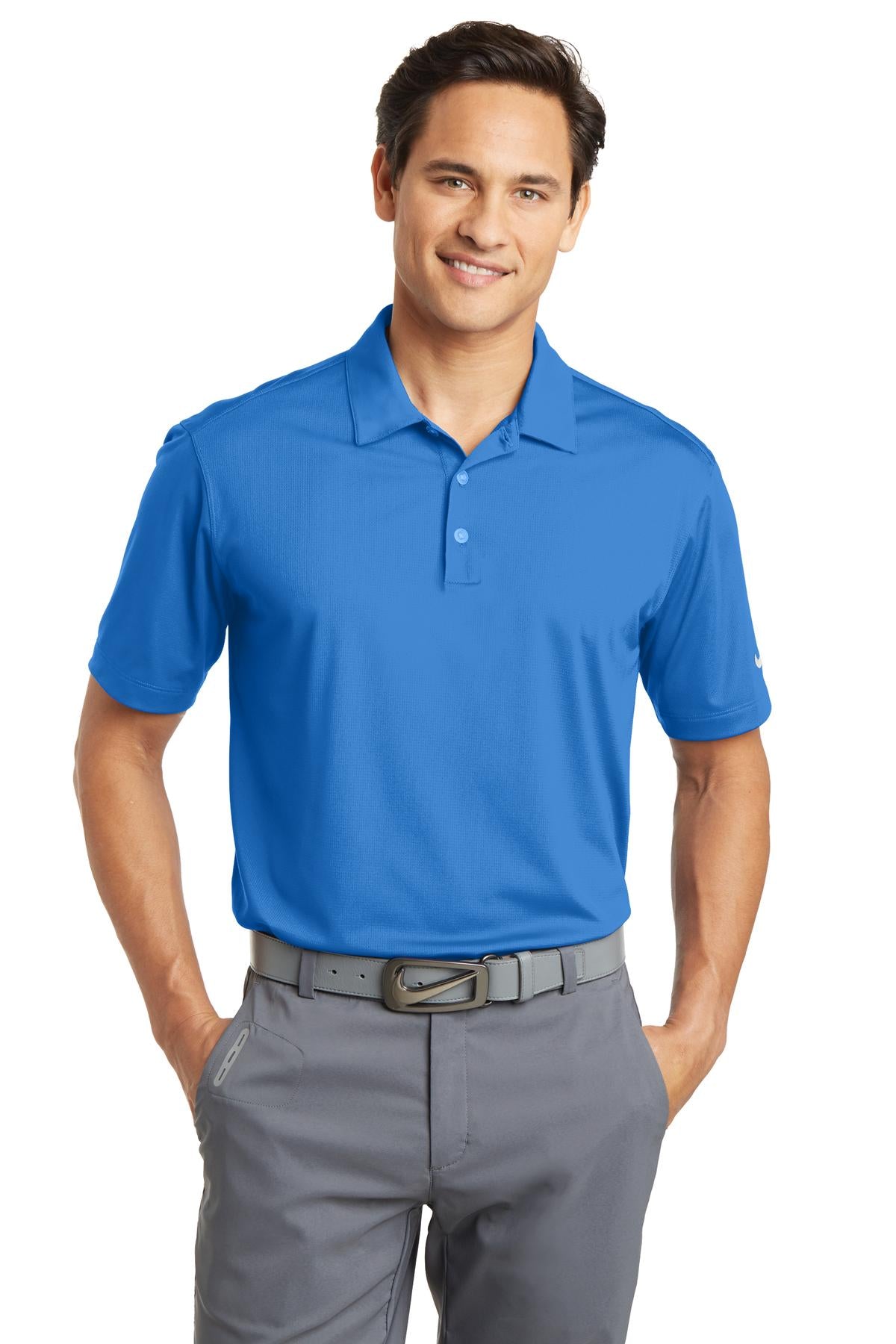 Front View of Brisk Blue Nike Dri-FIT Vertical Mesh Polo. 637167 plain