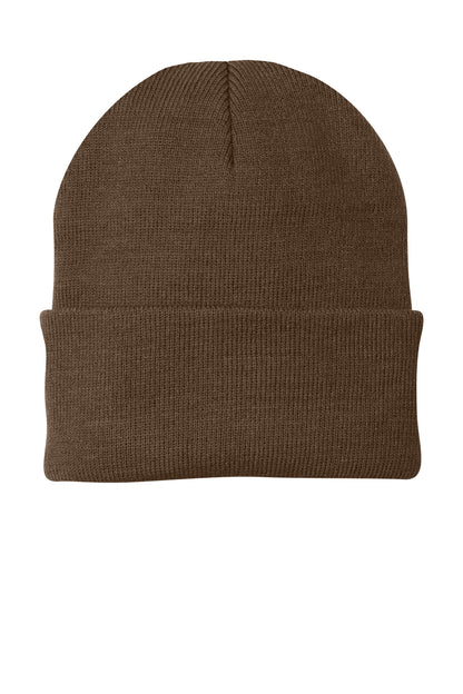 Front View of Brown Port Authority Knit Cap. CP90 plain
