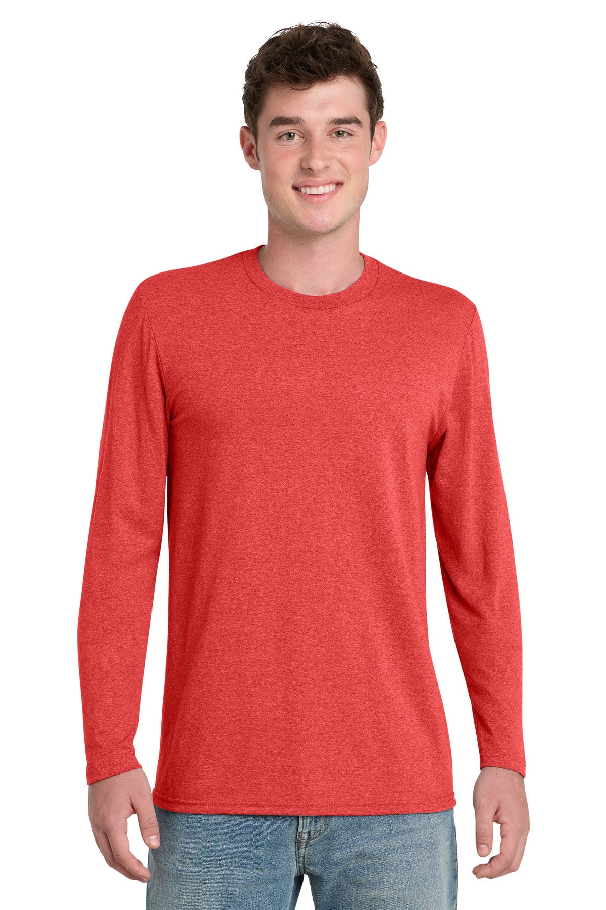Front View of BrtRedHthr Port & Co Tri-Blend Long Sleeve Tee. PC330LS plain