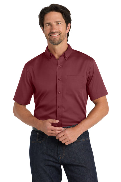 Front View of Burgundy Port Authority Short Sleeve SuperPro React Twill Shirt. W809 plain