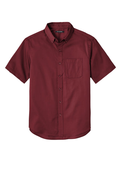 Front View of Burgundy Port Authority Short Sleeve SuperPro React Twill Shirt. W809 plain