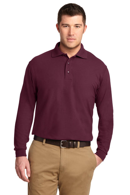 Front View of Burgundy Port Authority Silk Touch Long Sleeve Polo. K500LS plain
