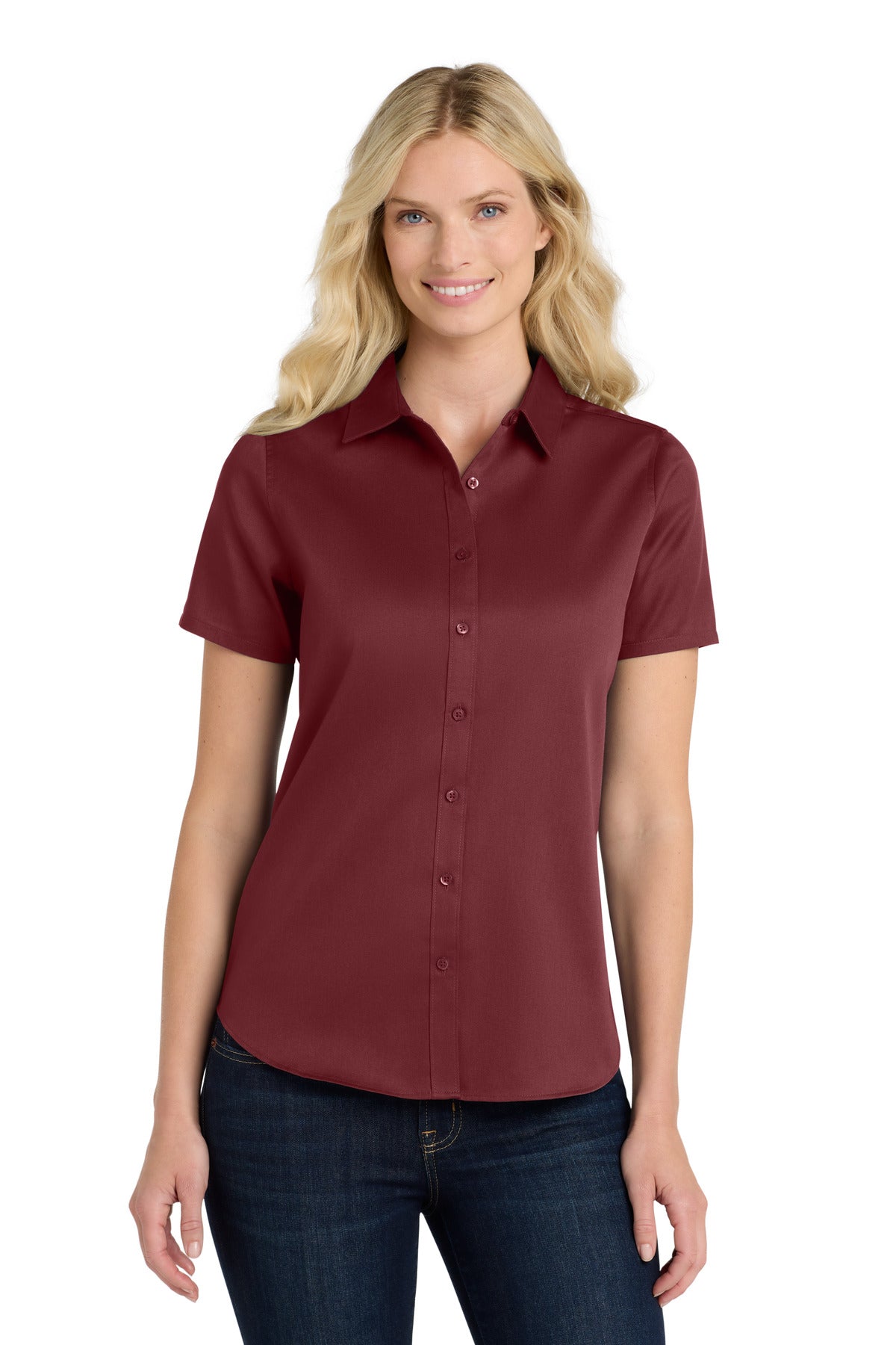 Front View of Burgundy Port Authority Women's Short Sleeve SuperPro React Twill Shirt. LW809 plain
