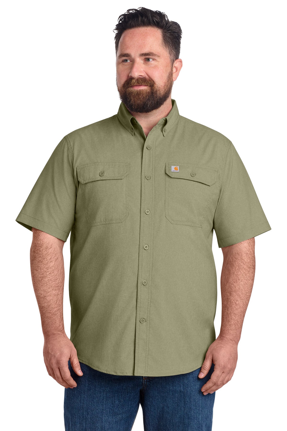Front View of BurntOlive Carhartt Force Solid Short Sleeve Shirt CT105292 plain