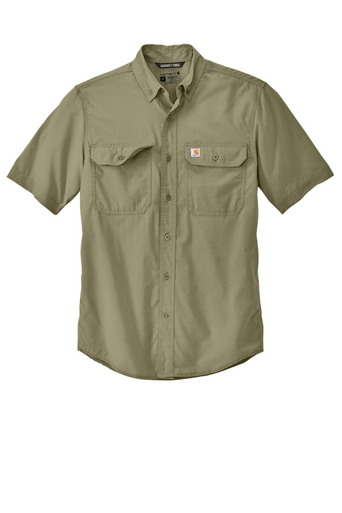 Front View of BurntOlive Carhartt Force Solid Short Sleeve Shirt CT105292 plain