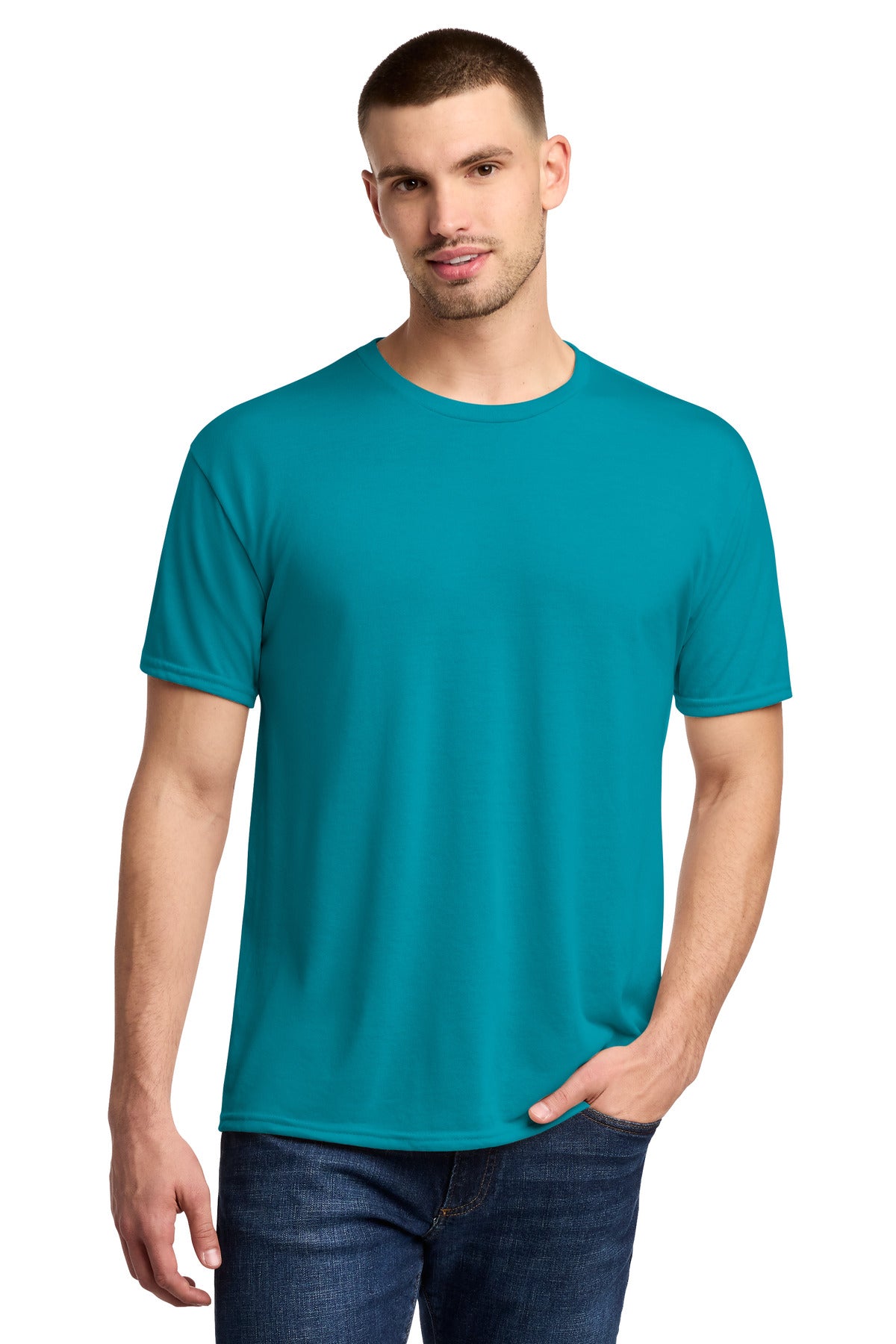 Front View of CaliBlue Jerzees Dri-Power 100% Polyester T-Shirt. 21M plain