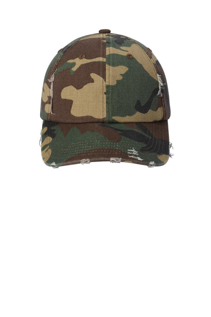 Front View of Camo District Distressed Cap. DT600 plain
