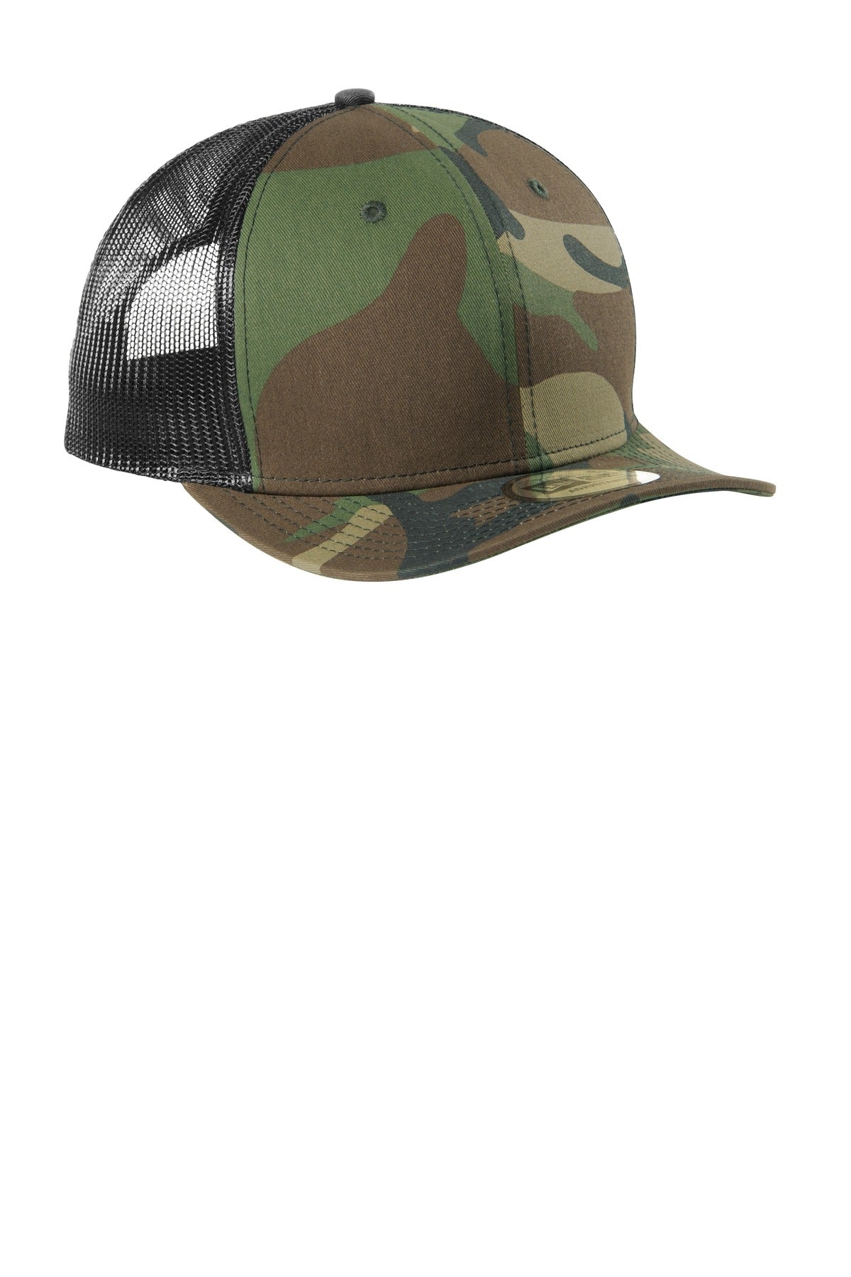 Front View of Camo/Black New Era Snapback Low Profile Trucker Cap NE207 plain