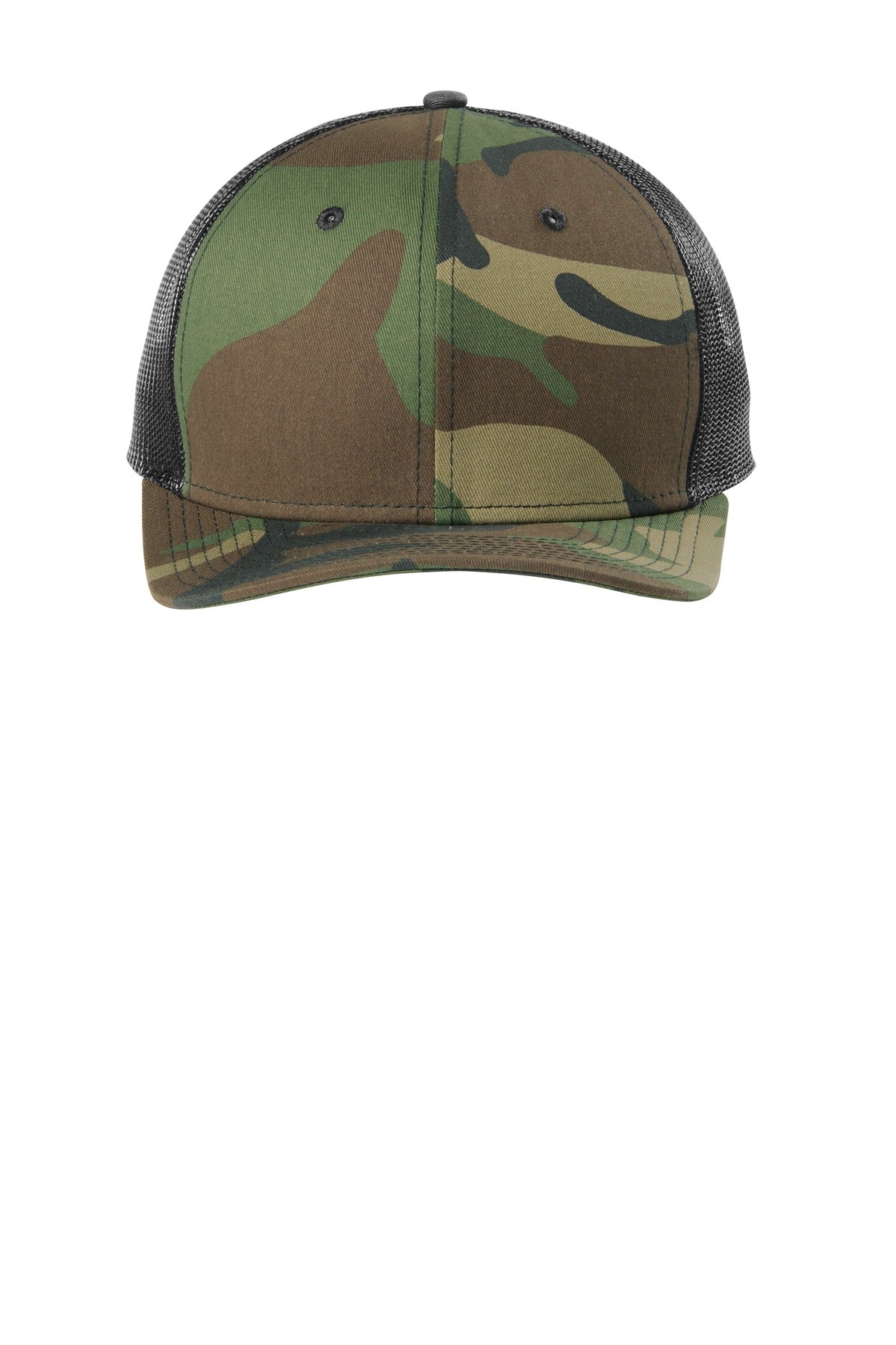 Front View of Camo/Black New Era Snapback Low Profile Trucker Cap NE207 plain